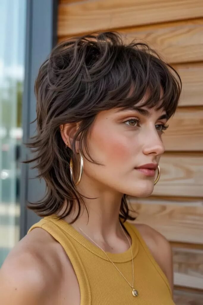 Dark Brown Shaggy Layered Bob with Soft Bangs