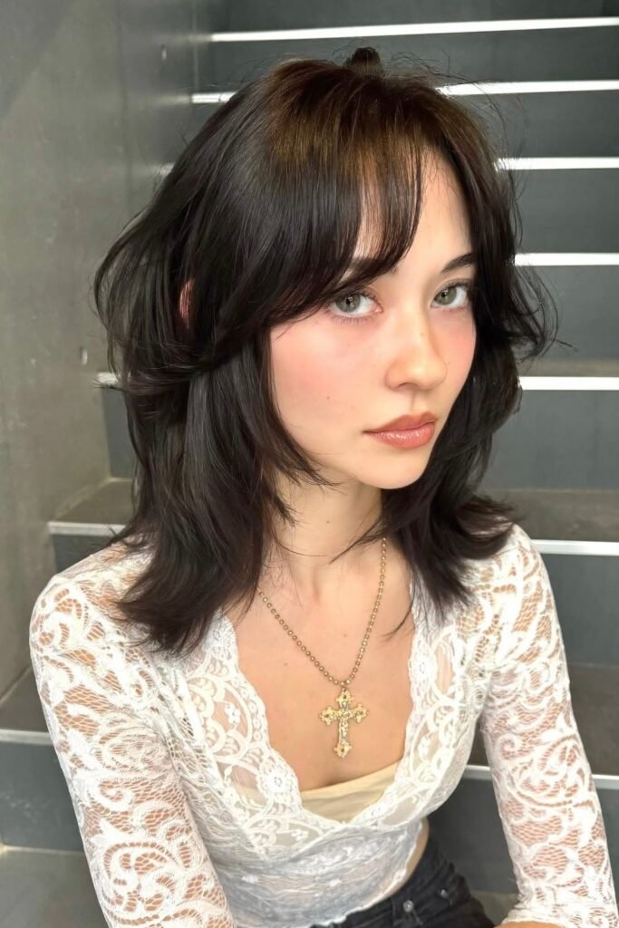Dark Brown Shaggy Layered Cut with Bangs