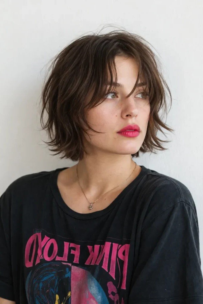 Dark Brown Tousled Bob with Soft Curtain Bangs