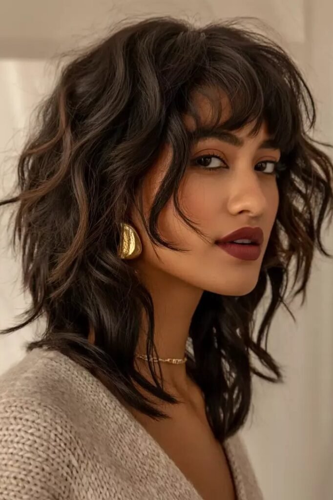 Dark Brown Wavy Choppy Shag Bob with Bangs
