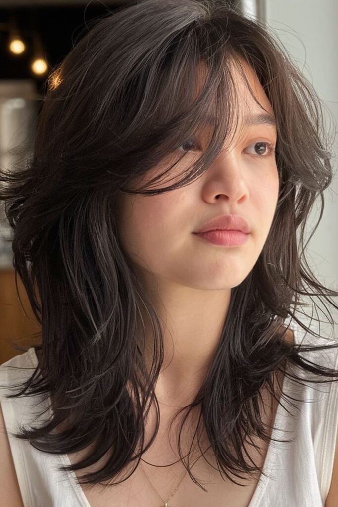Dark Brown Wolf Hairstyle with Long Curtain Bangs