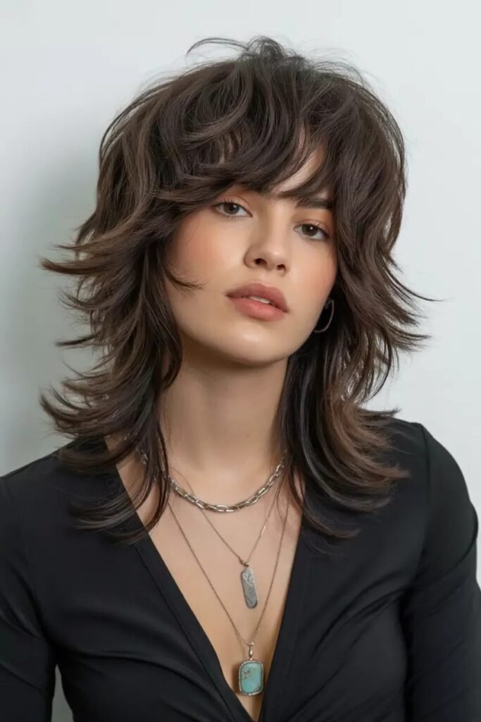 Dark Brown Wolf Layered Haircut with Face-Framing Curtain Bangs