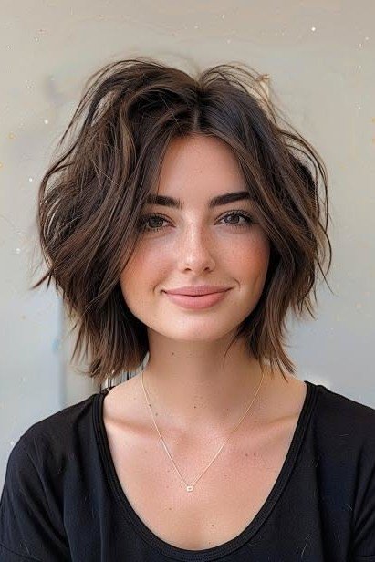 Dark Chocolate Shaggy Bob with Center-Parted Curtain Layers