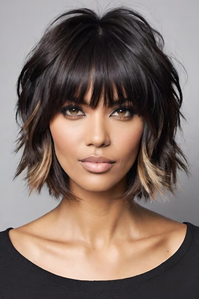 Dark Choppy Bob with Blonde Dip-Dyed Ends