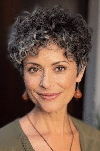 Dark Curly Pixie Cut with Silver Highlights and Soft Front Curls