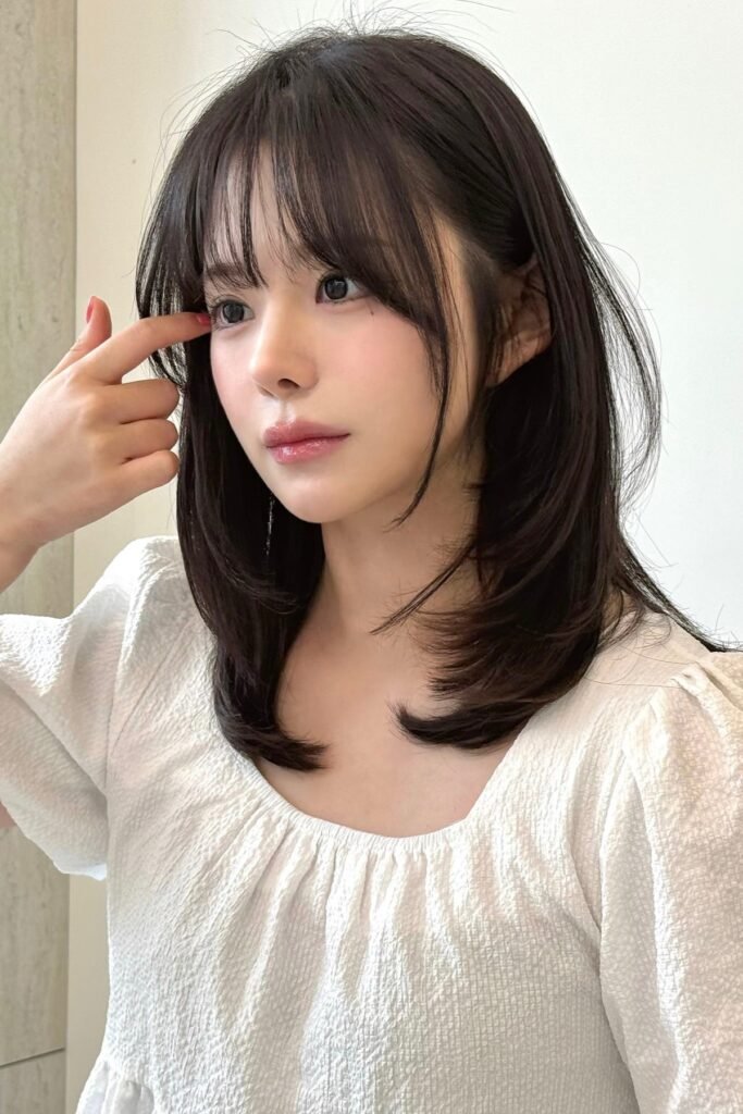 Dark Layered Medium-Length Hair with Wispy Bangs