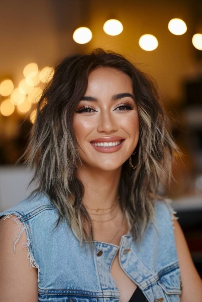 Dark Shaggy Bob with Blonde Highlights
