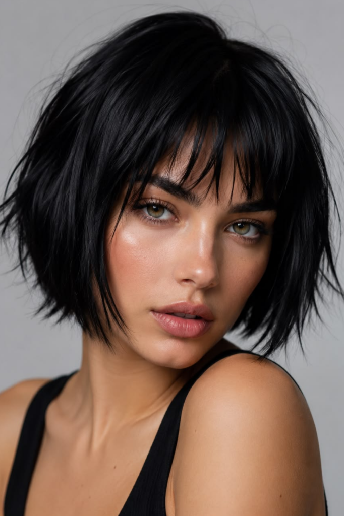 Dark Textured Bob with Blunt Bangs