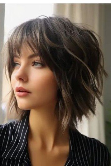 Dark Textured Bob with Soft Layered Bangs