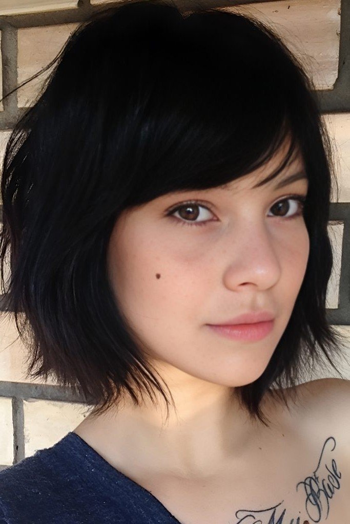 Dark Tousled Bob with Side-Swept Bangs