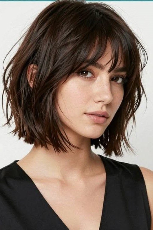 Dark Tousled Bob with Wispy Bangs