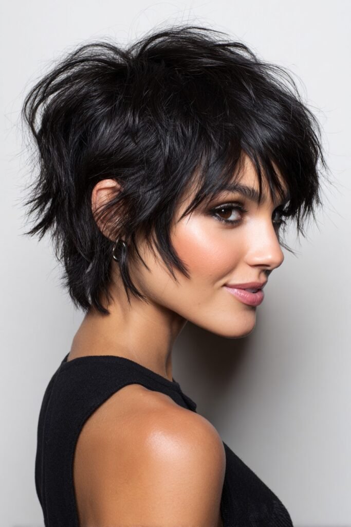 Dark Tousled Shaggy Bob with Soft Layered Bangs