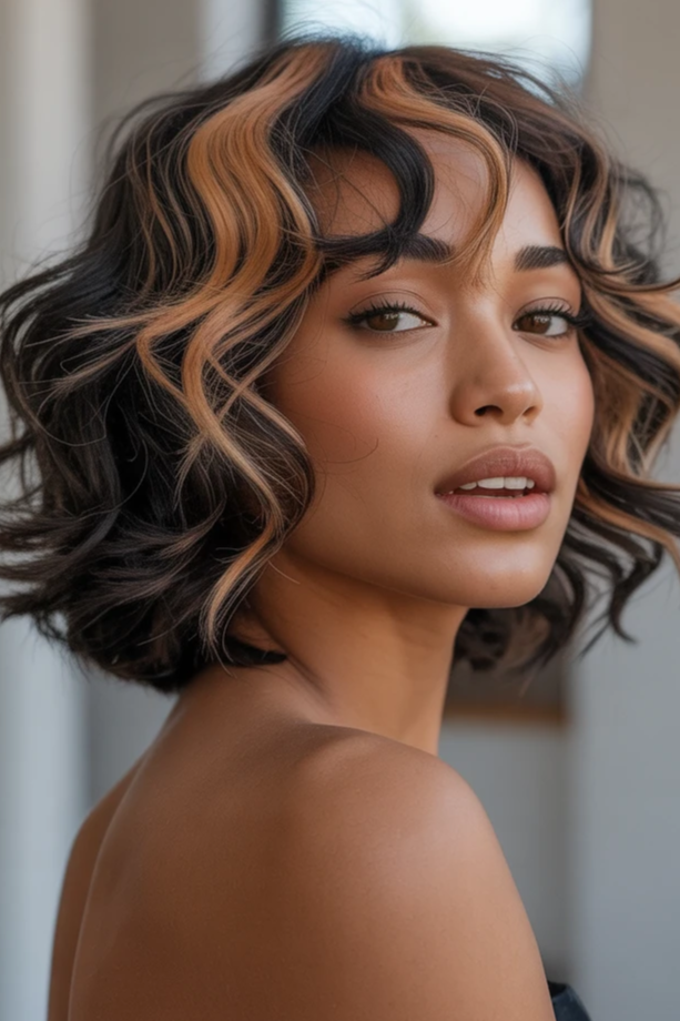 Dark Wavy Bob with Caramel Face-Framing Highlights