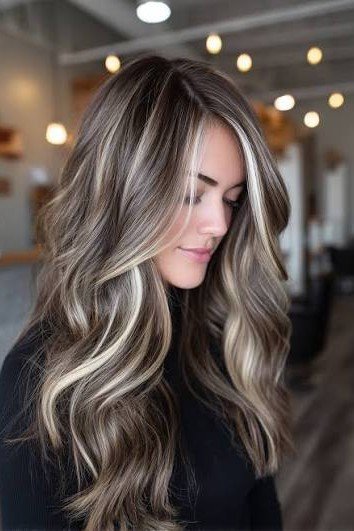 Dark Wavy Hair with High-Contrast Face-Framing Highlights