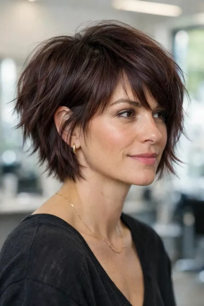 Deep Brown Textured Choppy Bob with Side Fringe