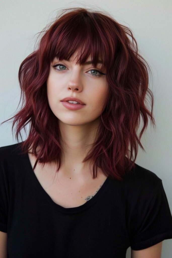 Deep Burgundy Textured Bob with Blunt Bangs