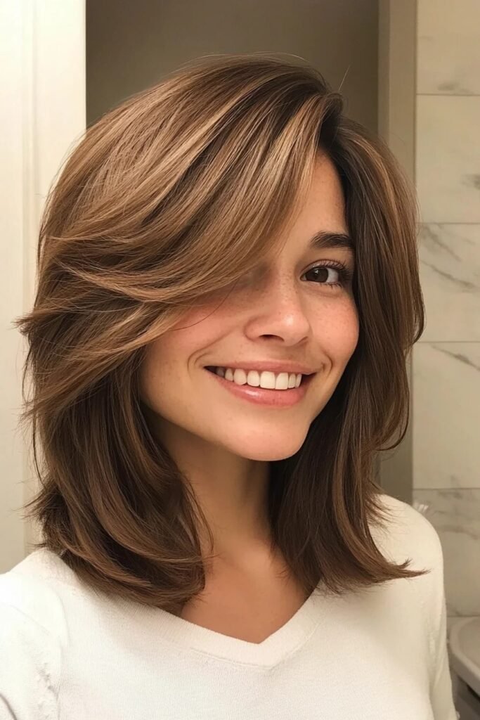Dynamic Layered Shoulder-Length Hair with Deep Side-Swept Bangs