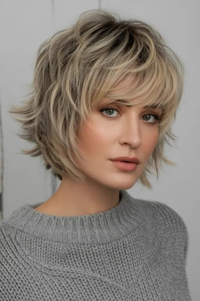 Feathered Blonde Choppy with Side-Swept Bangs