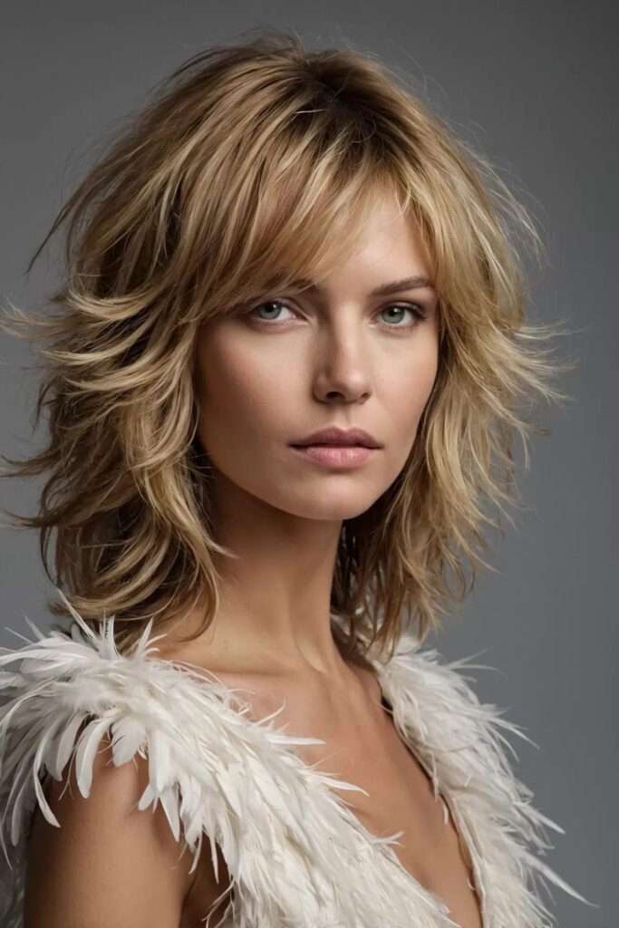 Feathered Blonde Medium Shag with Voluminous Side-Swept Bangs