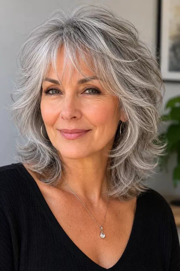 Feathered Choppy Shag Hairstyle with Silver-Gray Layers and Face-Framing Bangs