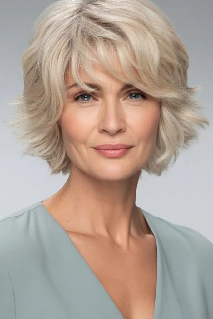 Feathered Platinum Blonde Bob with Voluminous Bangs