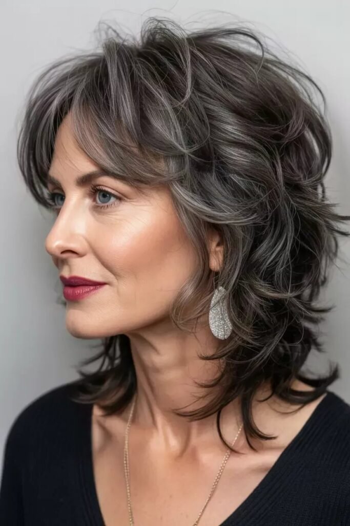 Feathered Shag Haircut with Side-Swept Bangs