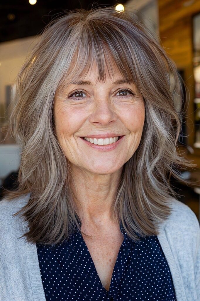 Feathered Shoulder-Length Layered Cut with Bangs