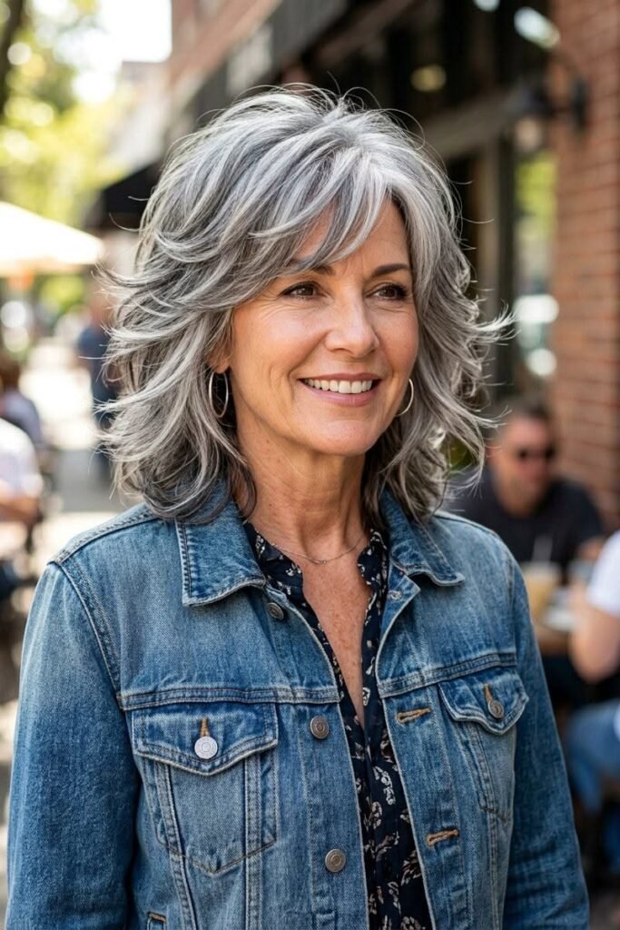 Feathered Silver Shag Haircut with Curtain Bangs
