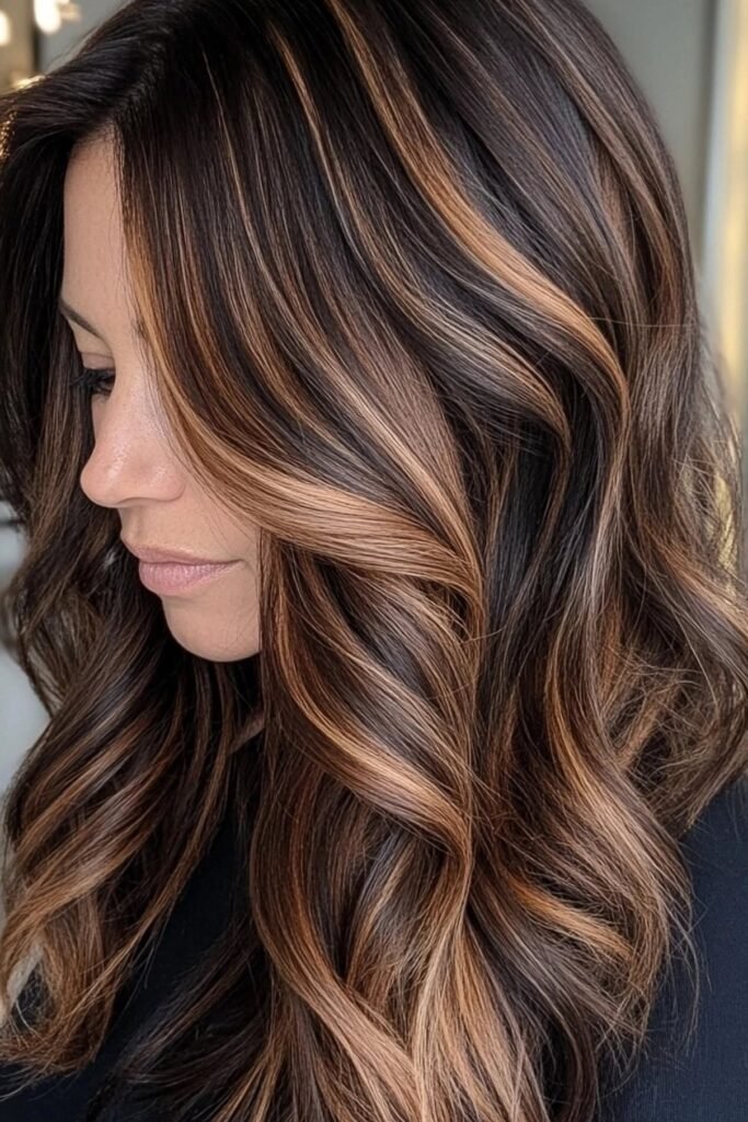 Glossy Brown Hair with Soft Caramel Balayage and Waves