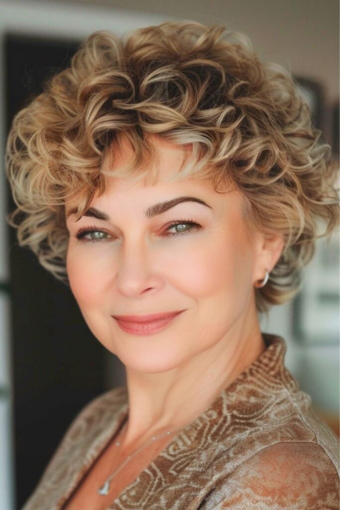 Golden Blonde Curly Pixie Cut with Soft Layered Bangs
