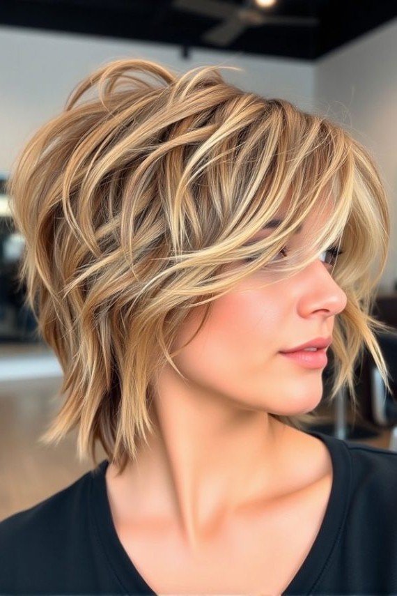Golden Blonde Layered Shag with Side-Swept Bangs