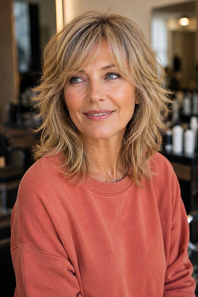 Golden Blonde Layered Shag with Soft Wispy Fringe