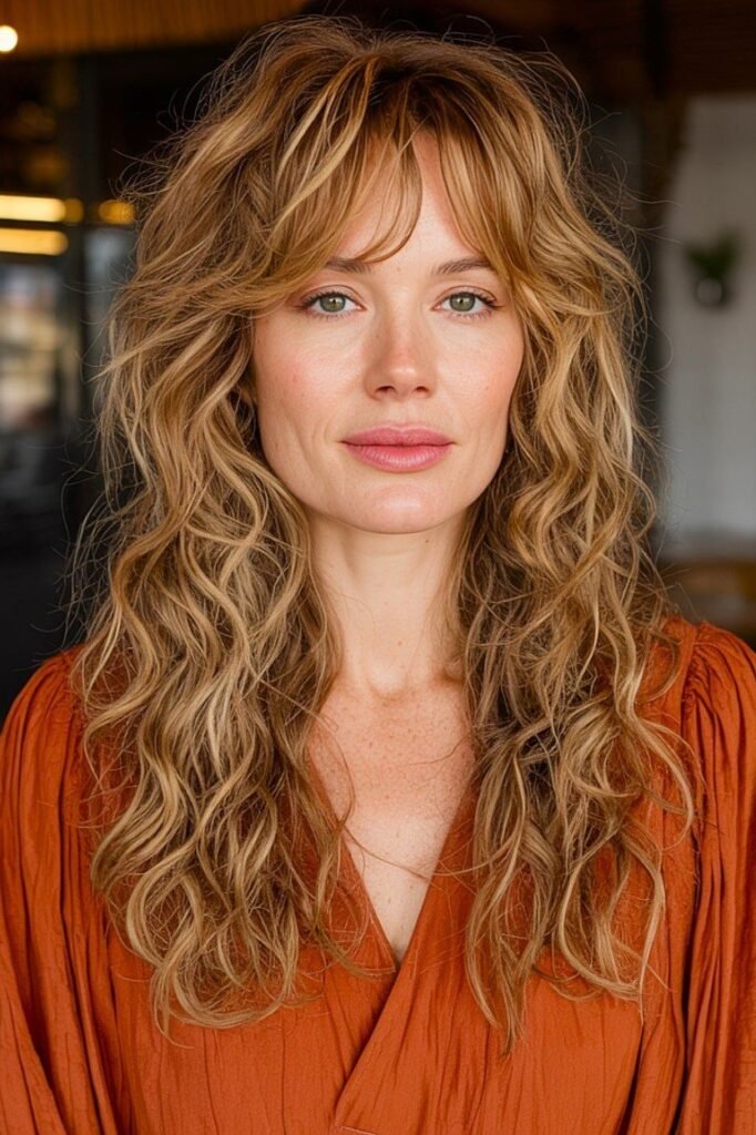 Golden Blonde Layered Shag with Wispy Curtain Bangs