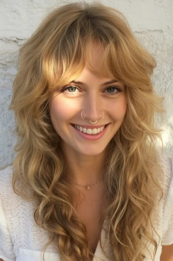 Golden Blonde Shaggy Haircut with Textured Layers and Curtain Bangs