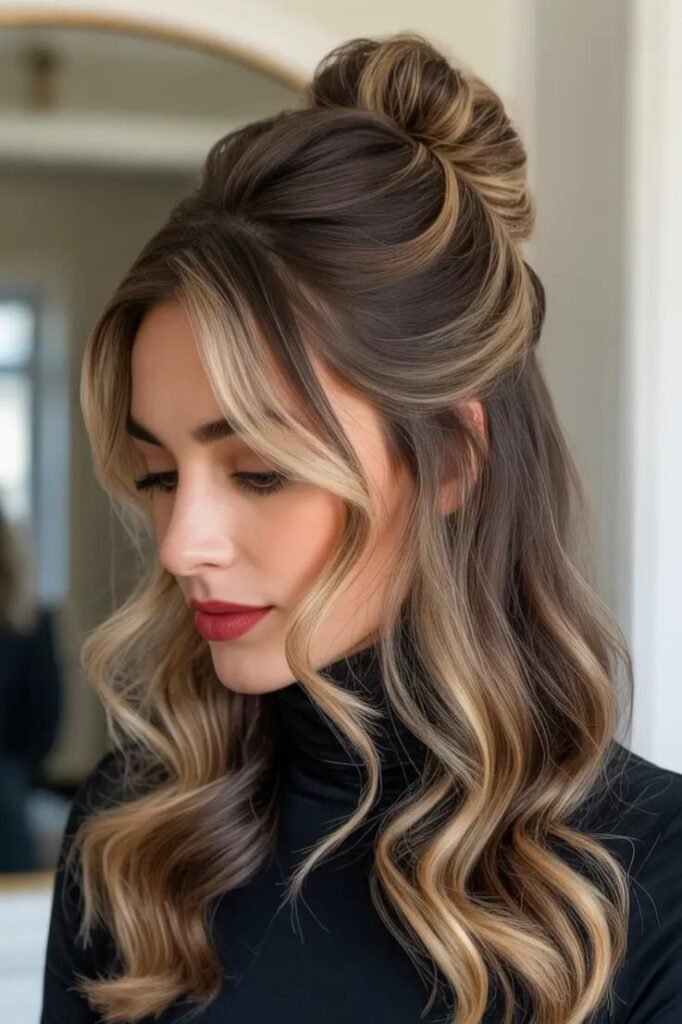 Half-Up Bun with Face-Framing Highlights