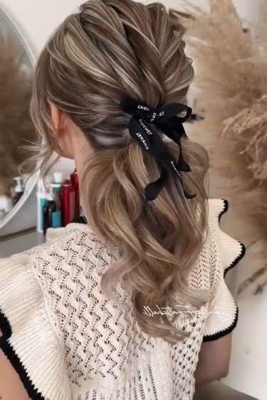 Half-Up Ponytail with Black Ribbon Bow