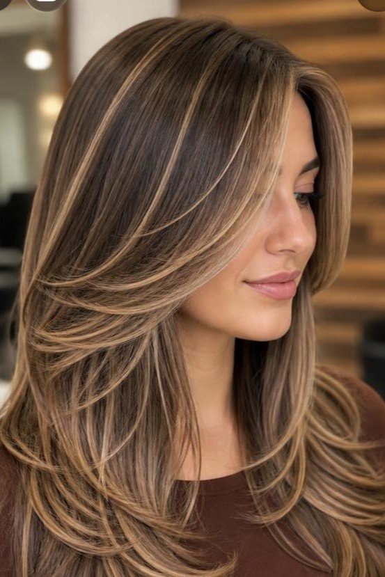 Heavily Layered Blowout Haircut with Blonde Face-Framing Highlights