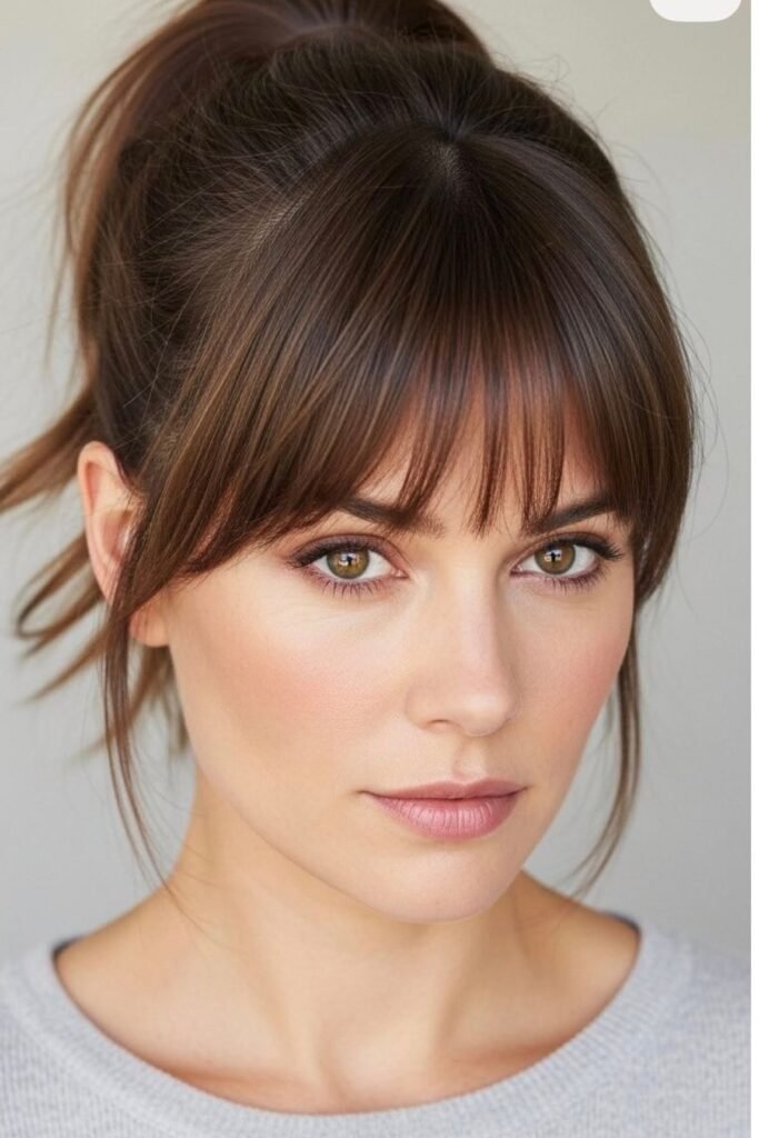 High Ponytail with Straight Bangs and Loose Side Tendrils