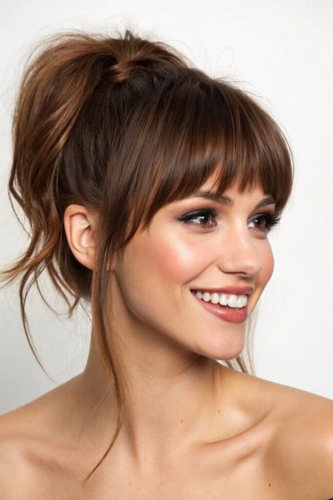 High Ponytail with Straight Fringe and Side Strands