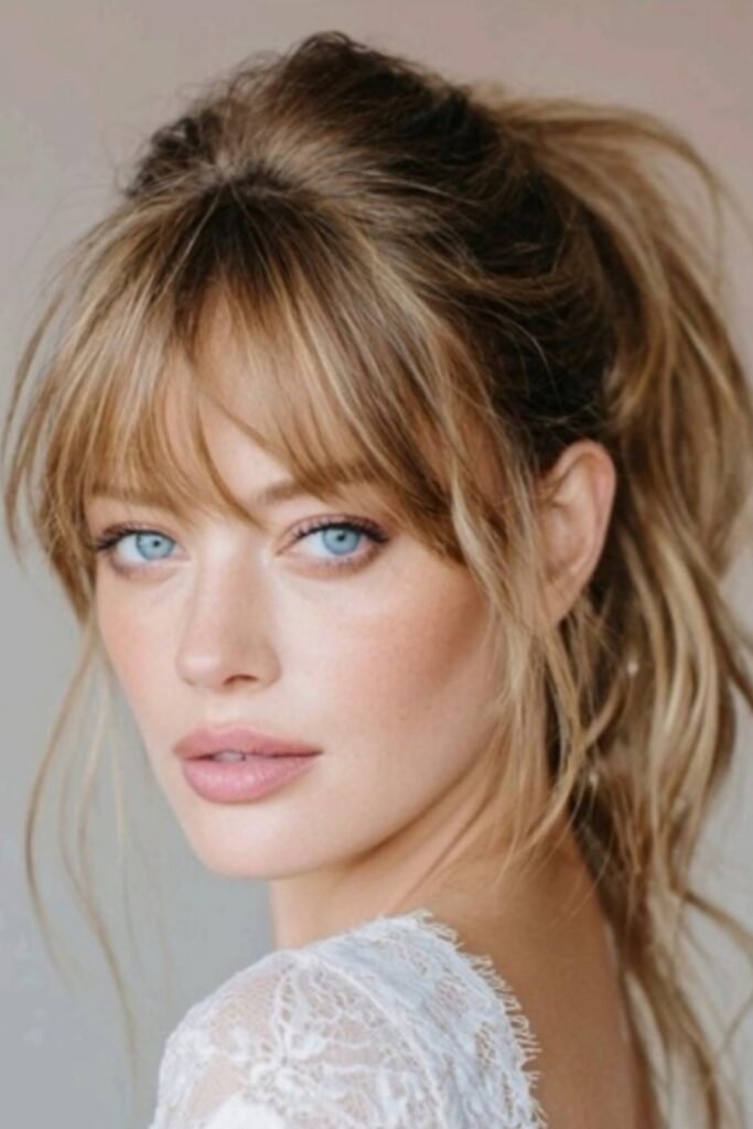 High Ponytail with Wispy Fringe and Face-Framing Pieces