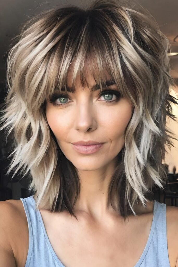Highlighted Blonde and Brown Textured Shag Bob