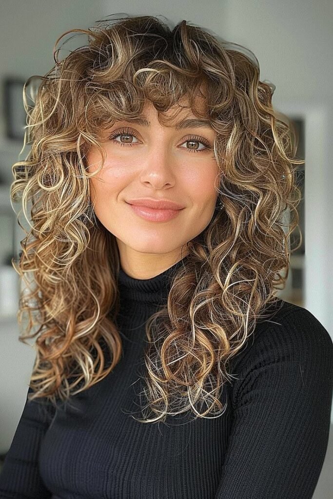 Highlighted Curly Shag with Layered Bangs