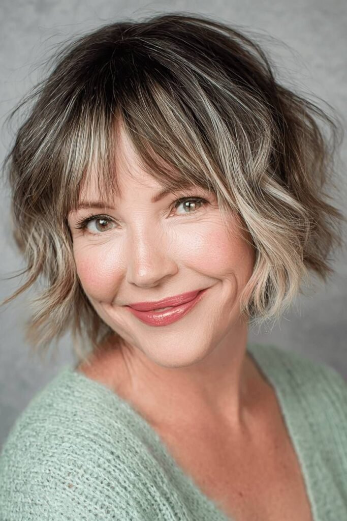 Highlighted Wavy Bob with Soft Side-Swept Bangs