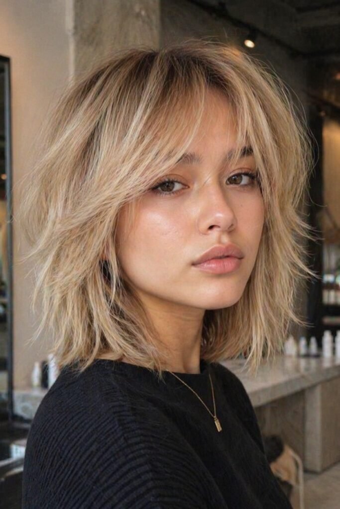 Honey Blonde Layered Shag with Face-Framing Curtain Bangs