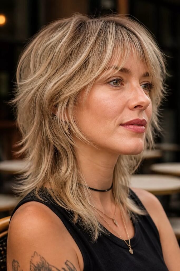 Honey Blonde Medium Shag Cut with Textured Layers and Bangs