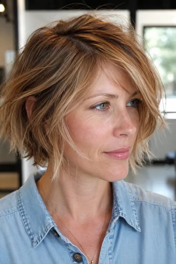 Honey Blonde Textured Bob with Side Part and Layers