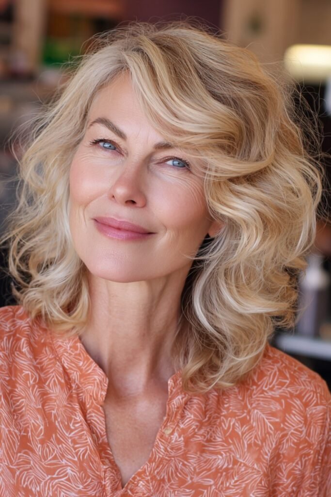 Honey Blonde Voluminous Waves with Side-Swept Part