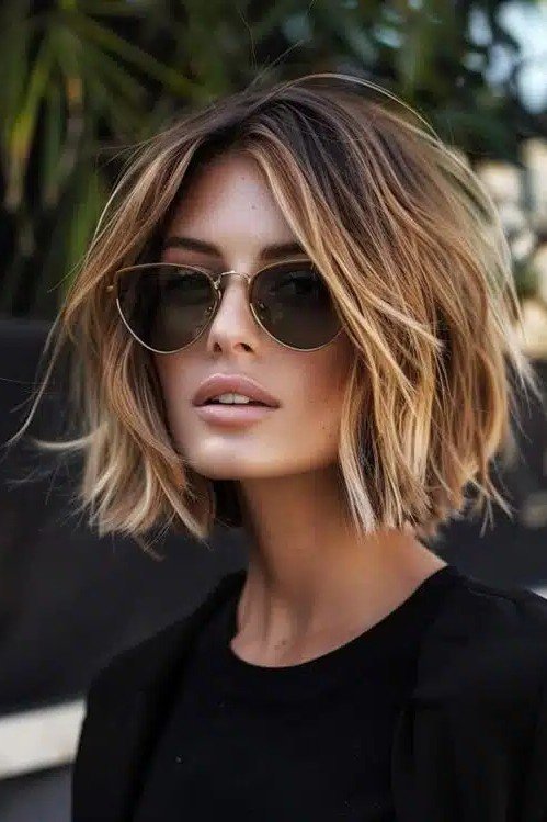 Honey Blonde and Brown Layered Bob with Center Parting