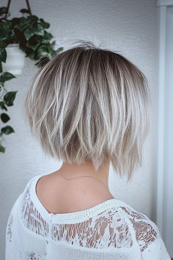 Icy Blonde Stacked Bob with Textured Ends