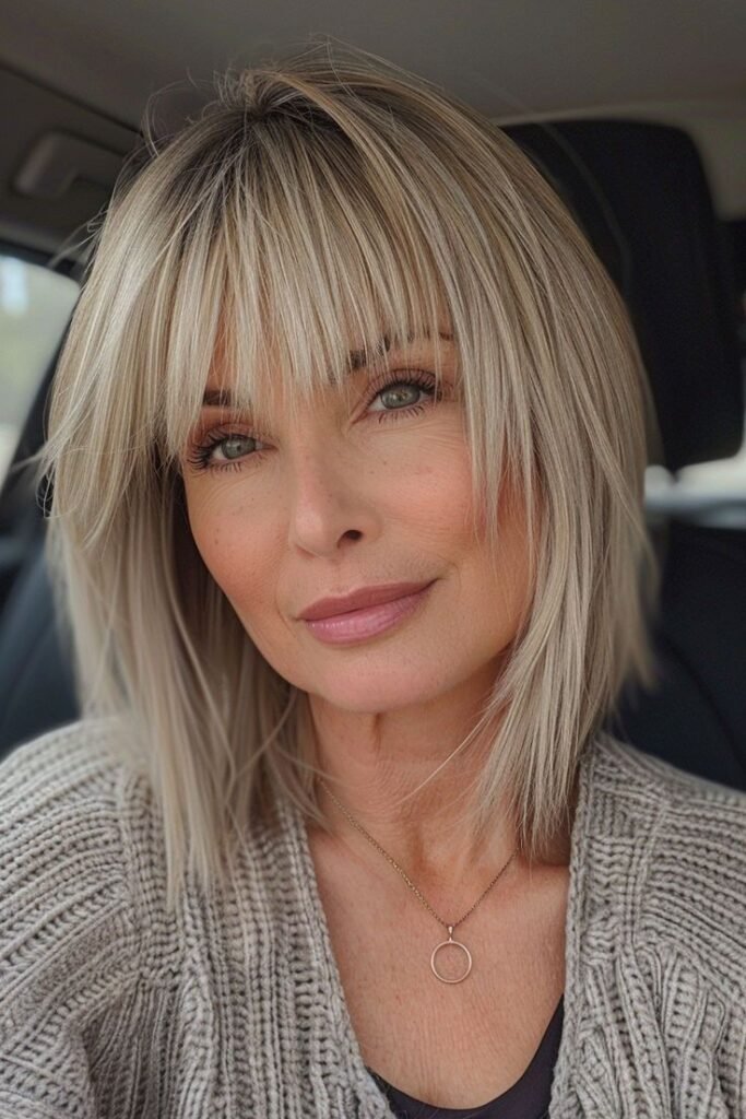 Layered Ash Blonde Bob with Fine Fringe